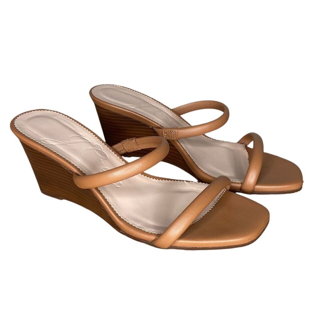 J. Crew Women’s Shoes Leather Double Strap Stacked Wedges Rich Oak Tan Caramel